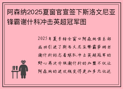 阿森纳2025夏窗官宣签下斯洛文尼亚锋霸谢什科冲击英超冠军图