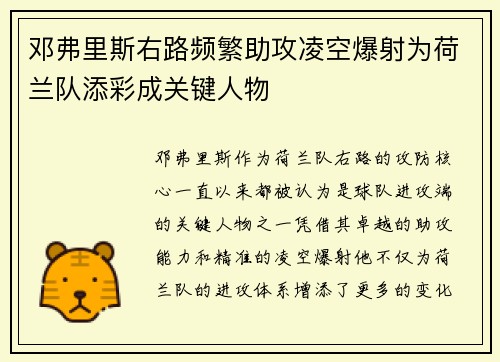 邓弗里斯右路频繁助攻凌空爆射为荷兰队添彩成关键人物 邓弗里斯右路频繁助攻凌空爆射为荷兰队添彩成关键人物